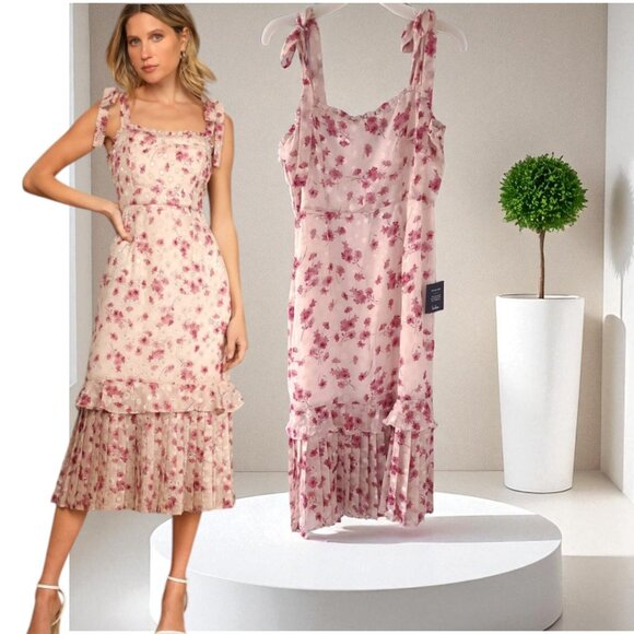 Lulus Dresses & Skirts - LULUS Terrace Views Taupe Floral Print Tiered Midi Dress